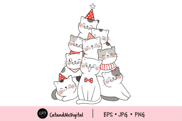 Kawaii Christmas Tree Cute Cat Illustration